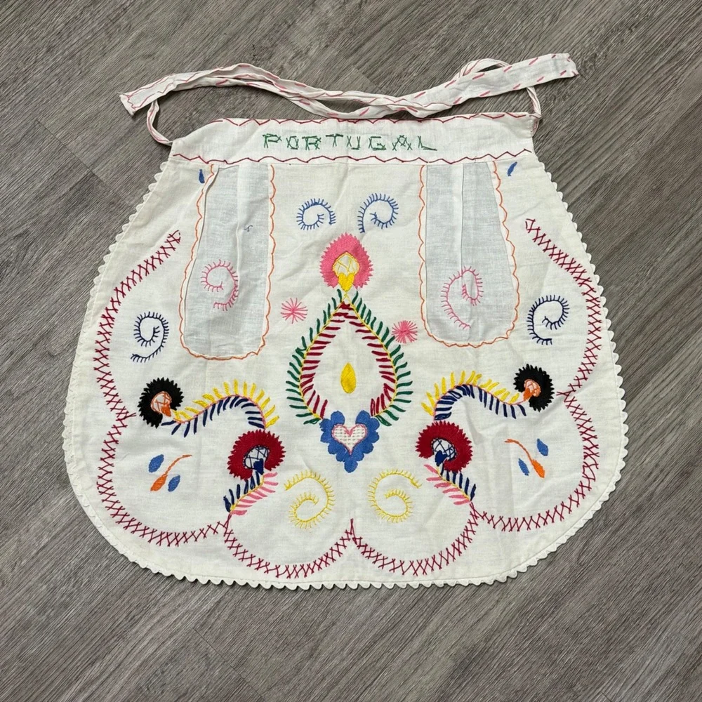 Vintage Portugal‎ Half Apron Set of 2 Yellow White Folk Hand Embroidered Pockets